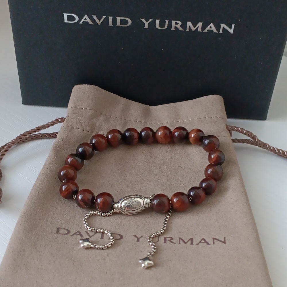 David Yurman Sterling Silver Spiritual Red Tiger's Eye Bead Bracelet